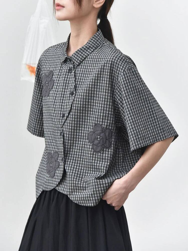 Leatherwork Flowers - Blusa de Mujer a Cuadros Verdes