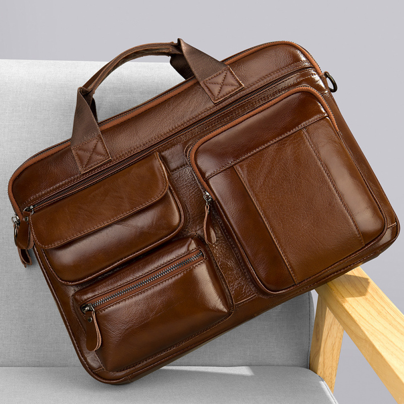 Leather Work Laptop Bag - Bolso de mano de cuero genuino